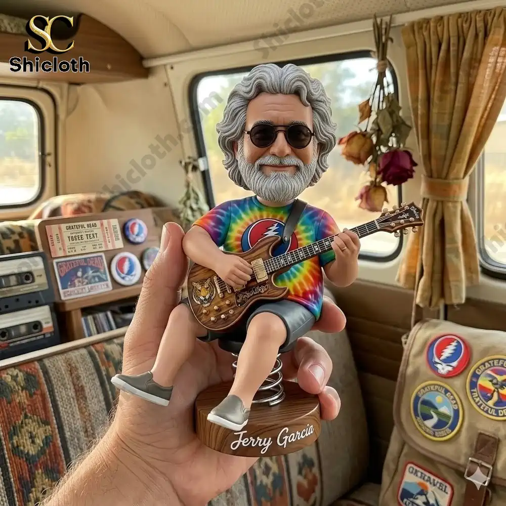 Jerry Garcia guitar bobblehead figure inside a vintage van interior!