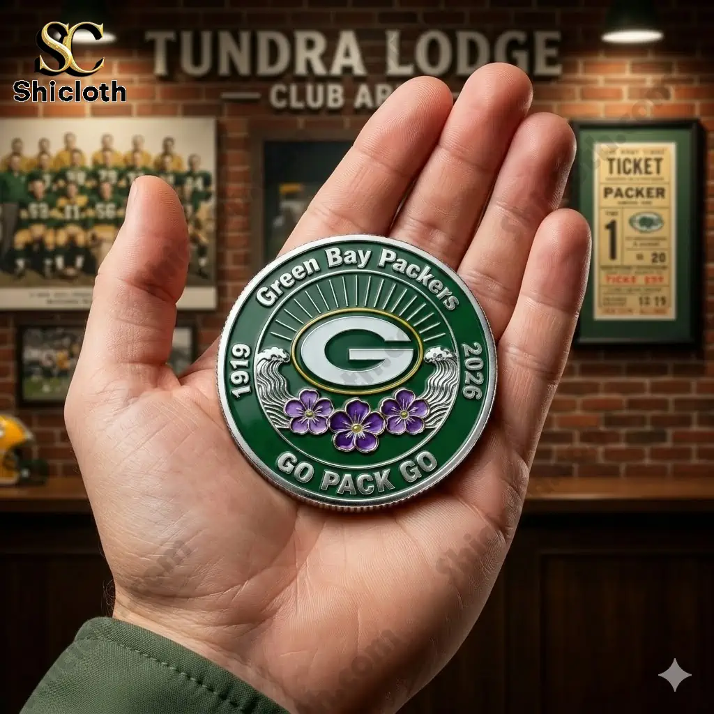 Hand holding Green Bay Packers commemorative coin with green logo design!
