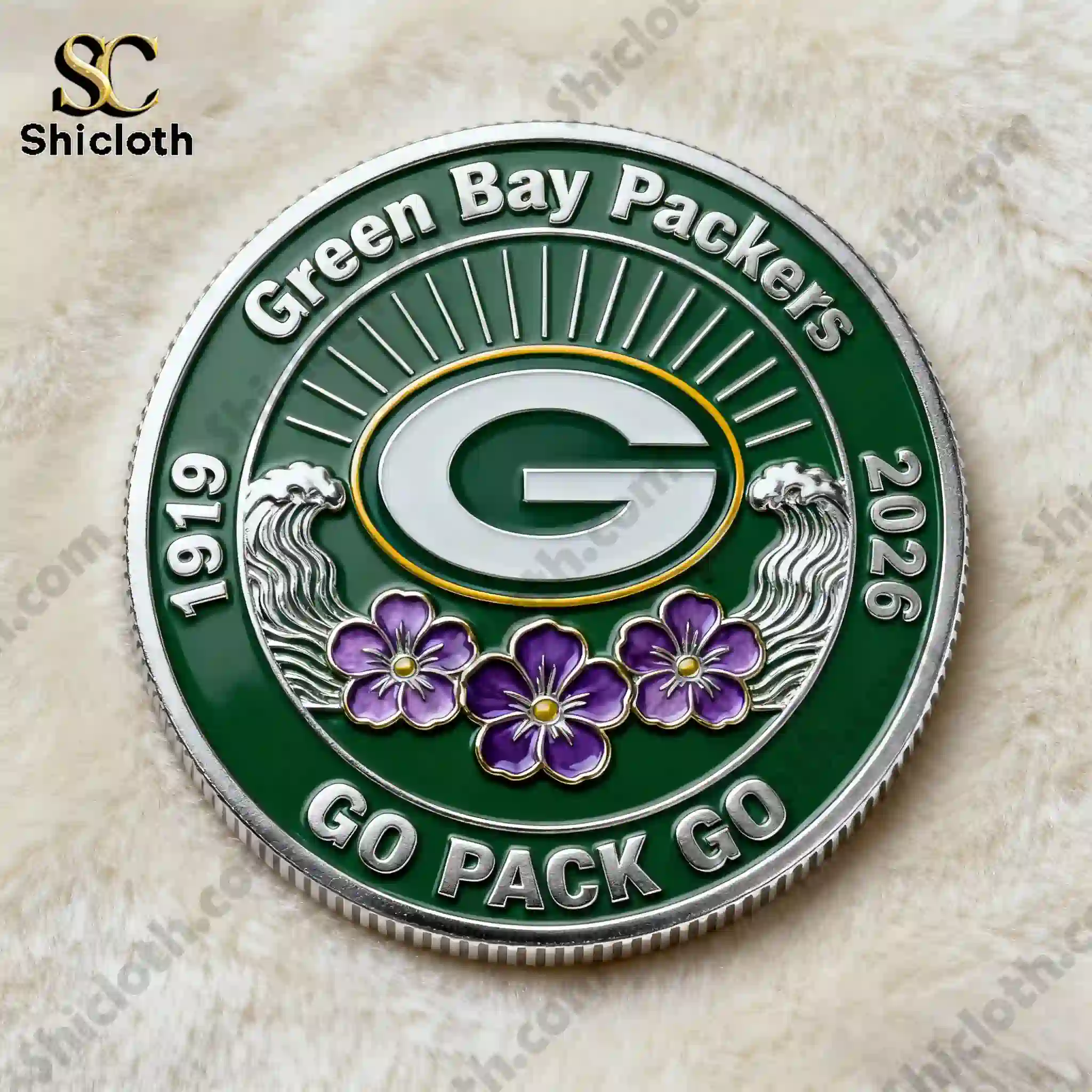 Green Bay Packers commemorative coin front design with green emblem and flowers!