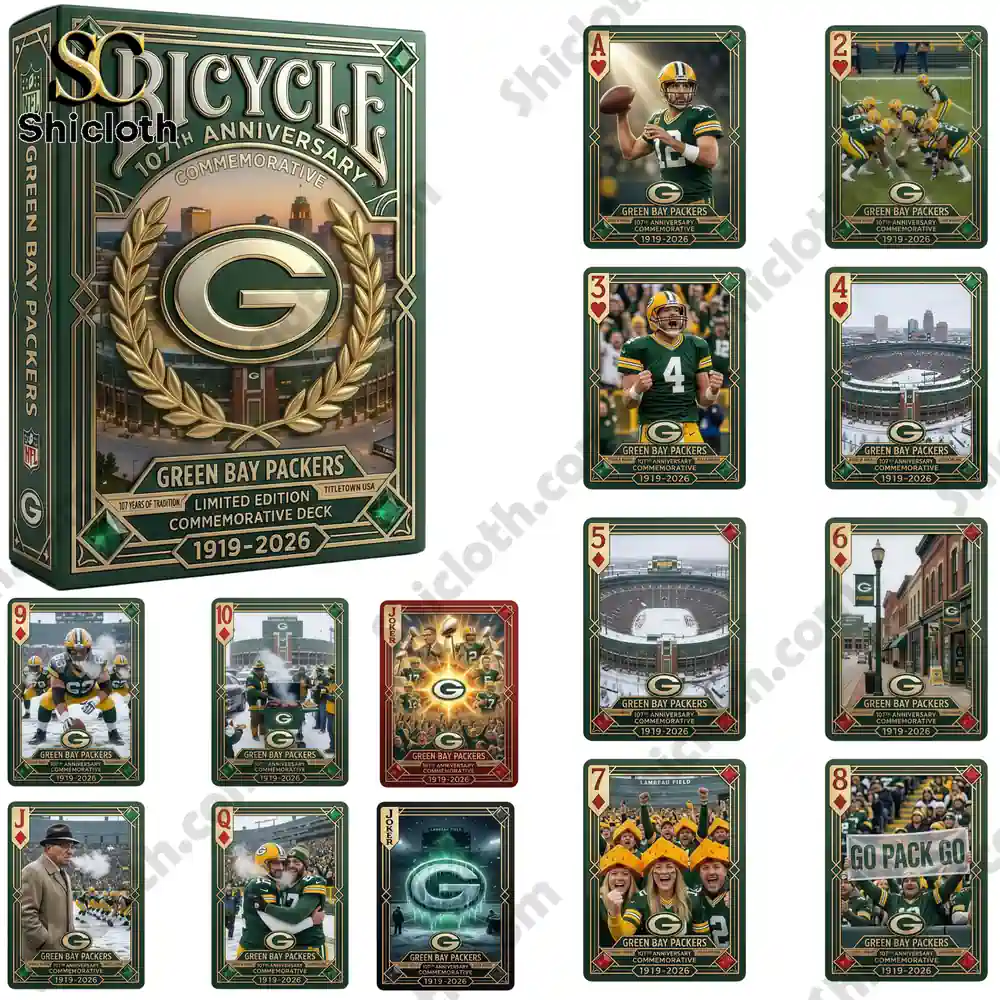Green Bay Packers commemorative playing cards deck with box and card designs