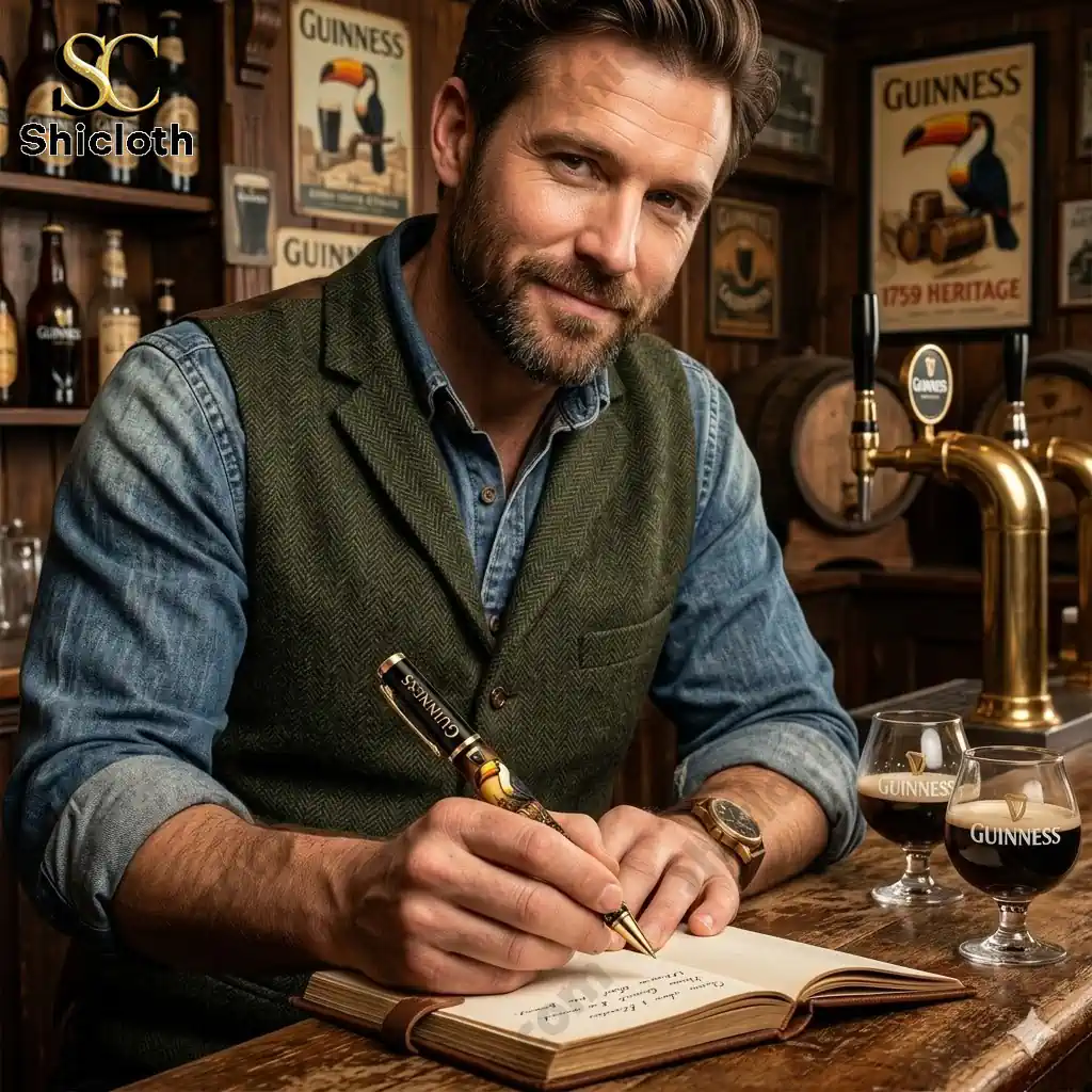 Man writing in notebook at bar using Guinness rollerball pen