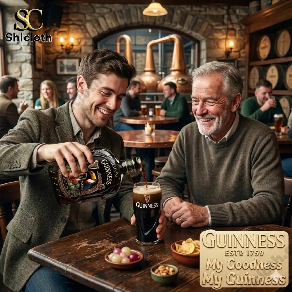 Two people smiling and sharing a Guinness drink in a cozy pub setting, with a Guinness Legacy commemorative bottle in the foreground.