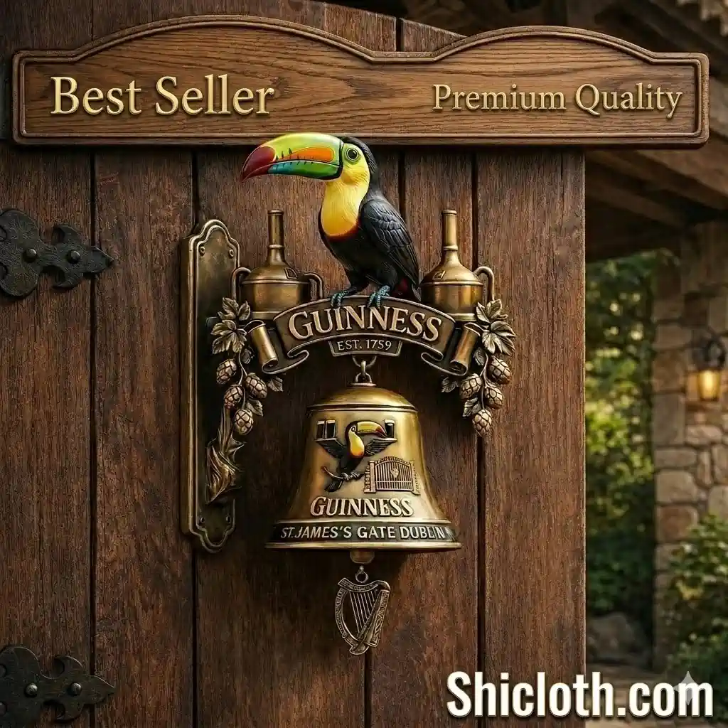 Guinness St James Gate Dublin wall bell with toucan mounted on rustic wooden gate!