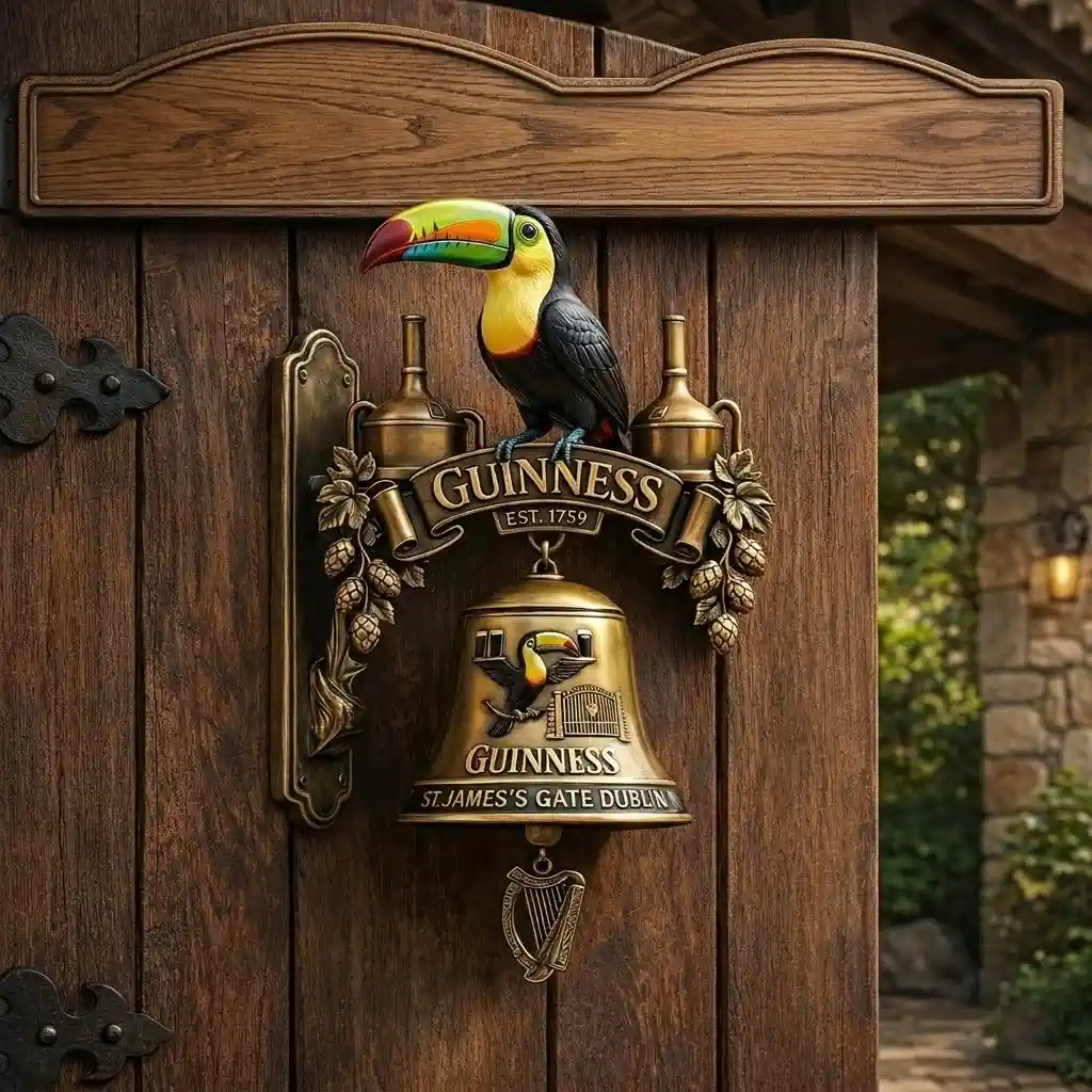 Guinness St James Gate Dublin wall bell with toucan mounted on wooden gate!