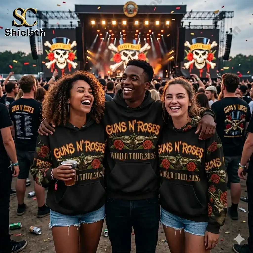 Three friends wearing Guns N Roses World Tour 2026 hoodies at a live outdoor concert!