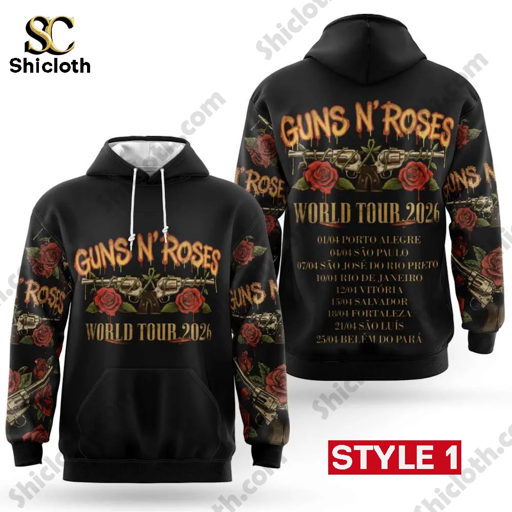 Front and back view of Guns N Roses World Tour 2026 Hoodie Style 1 by Shicloth!