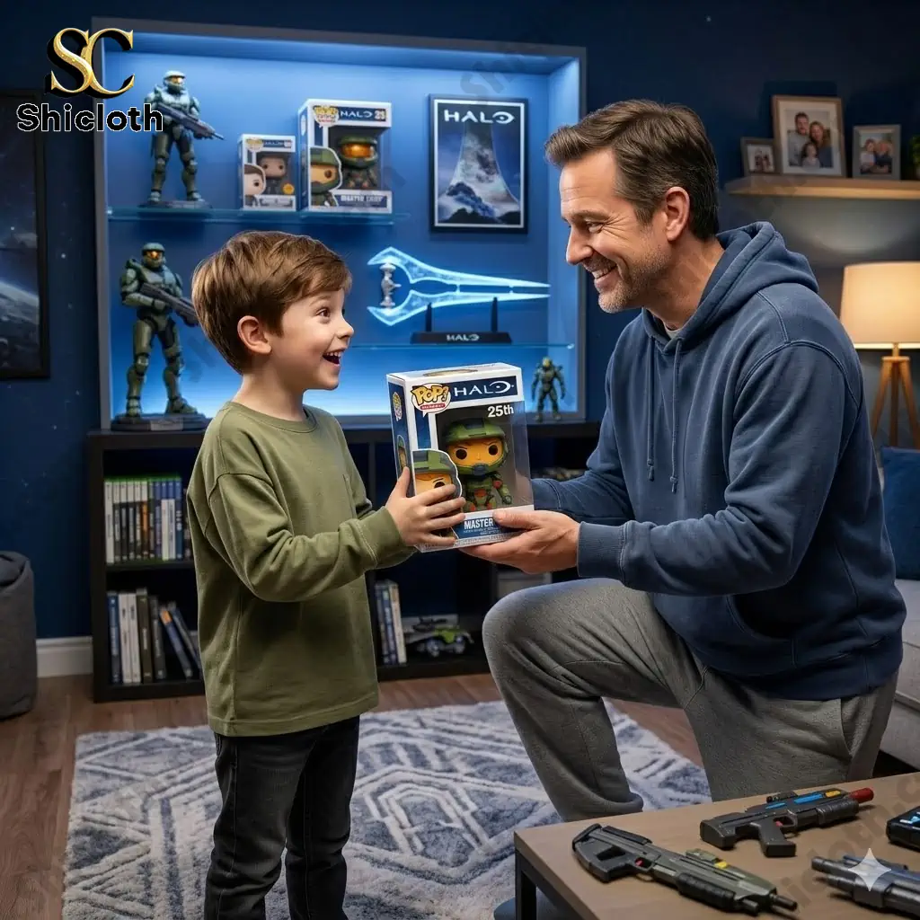 Father gifting Halo 25th Anniversary Master Chief figure to his son in Shicloth display room!