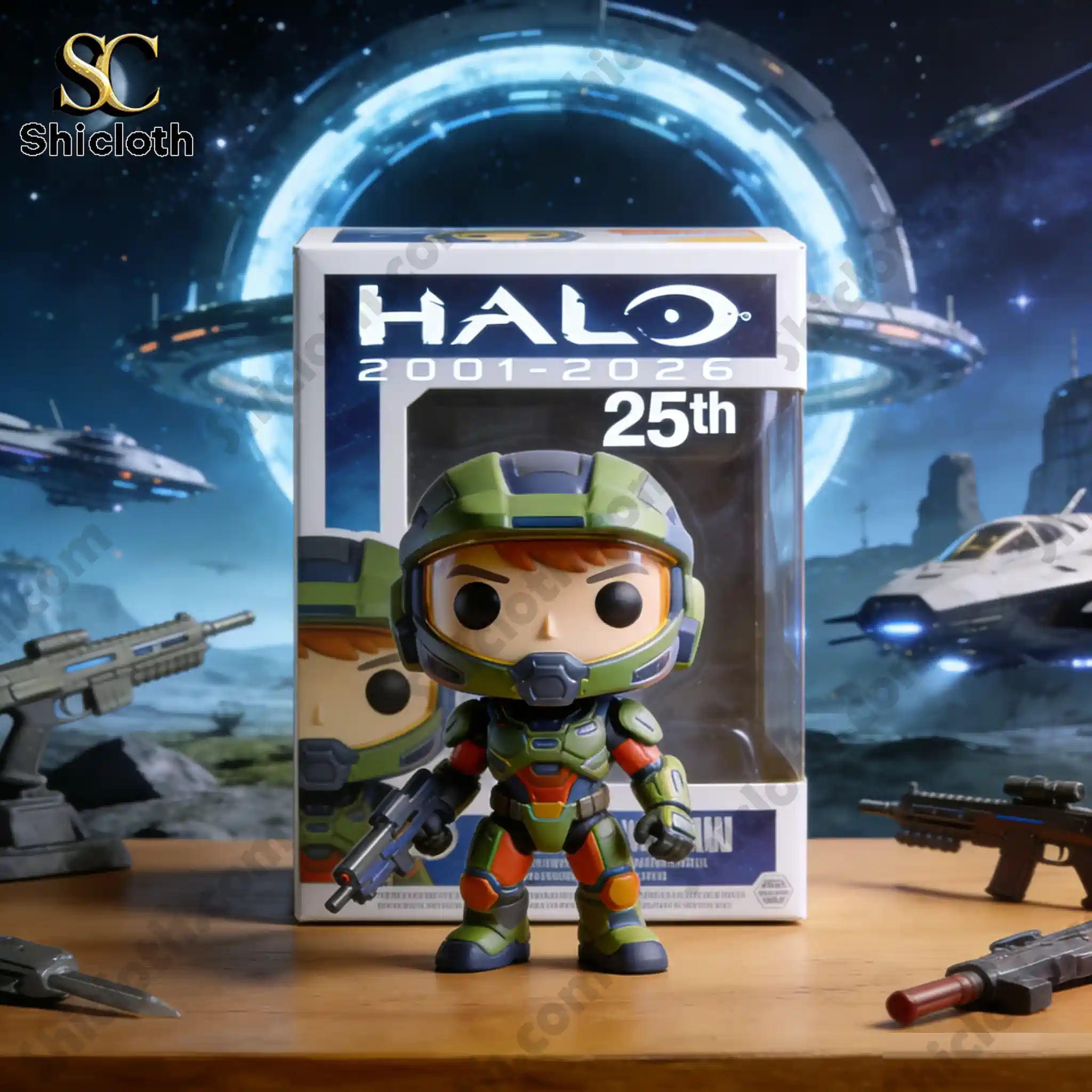 Close up Halo 25th Anniversary Master Chief figure with collector box and space background at Shicloth!