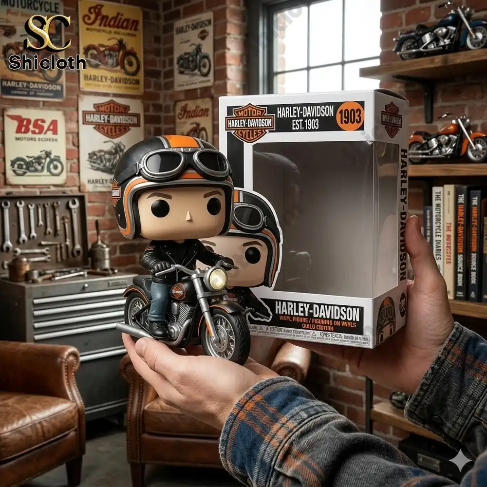 biker figure riding classic motorcycle with box in workshop