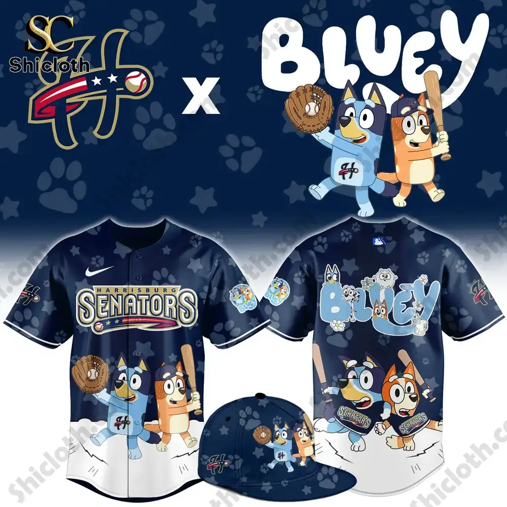 Bluey themed Harrisburg Senators baseball jersey front and back design