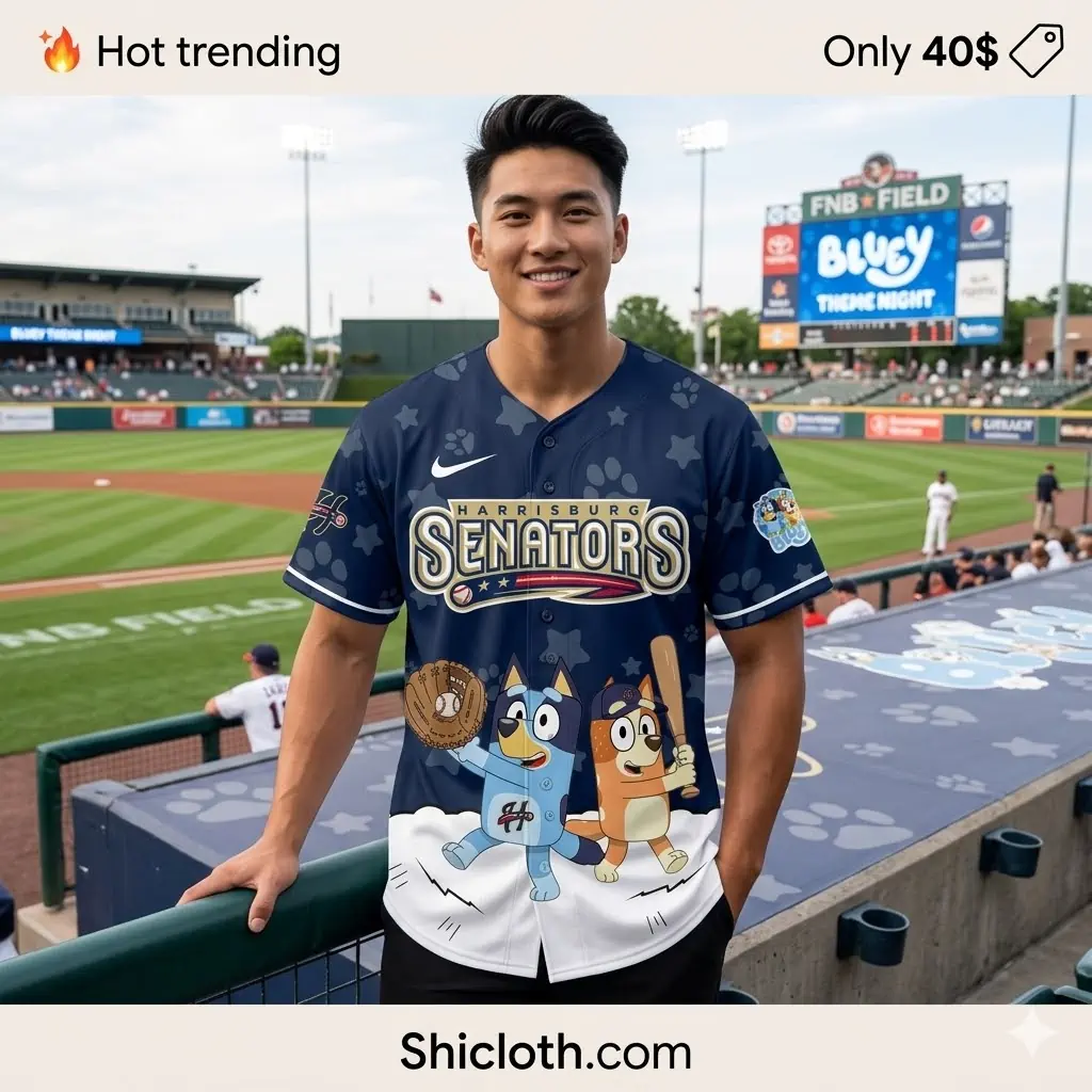 Man wearing Bluey Harrisburg Senators jersey at baseball stadium