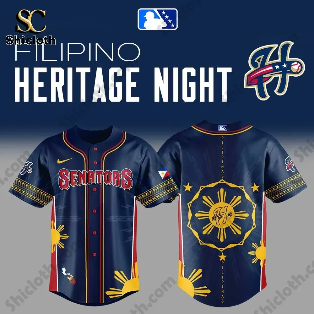 Filipino heritage night baseball jersey front and back design with blue and gold colors