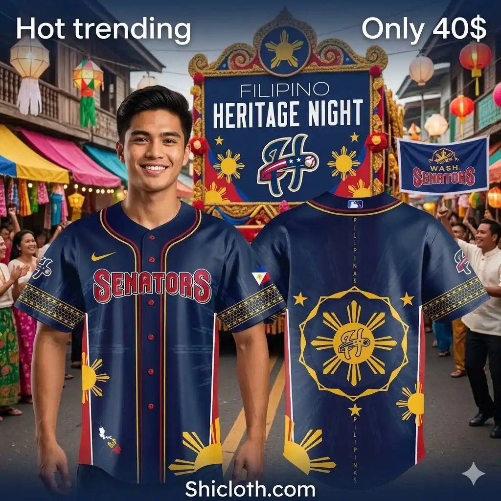 Man wearing Filipino heritage night baseball jersey in festive street setting