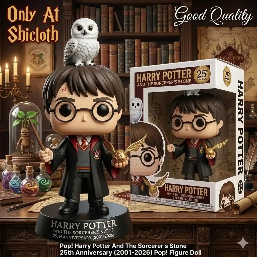Harry Potter anniversary figure with owl on head in vintage library setting!