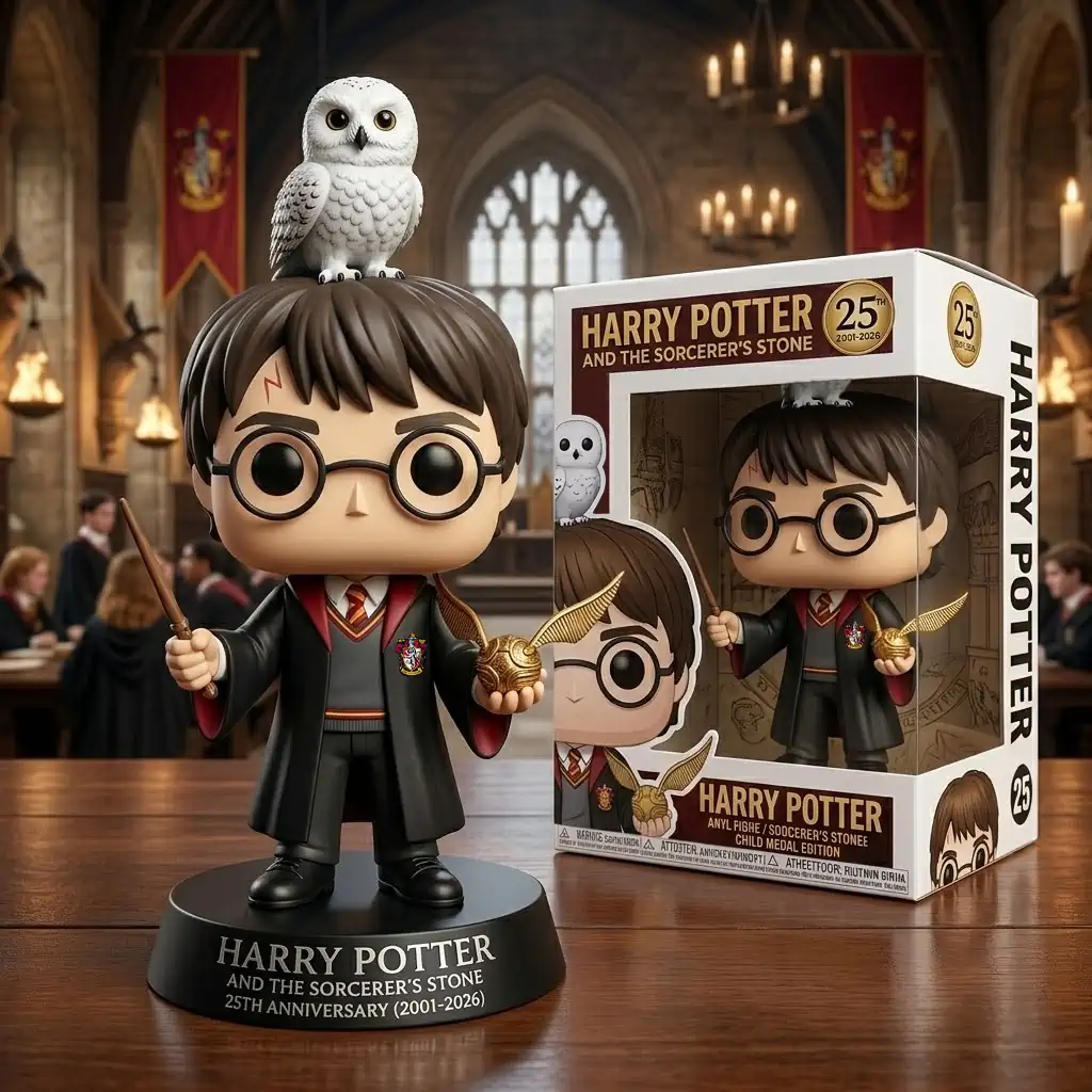 Harry Potter anniversary figure with owl in Hogwarts hall background