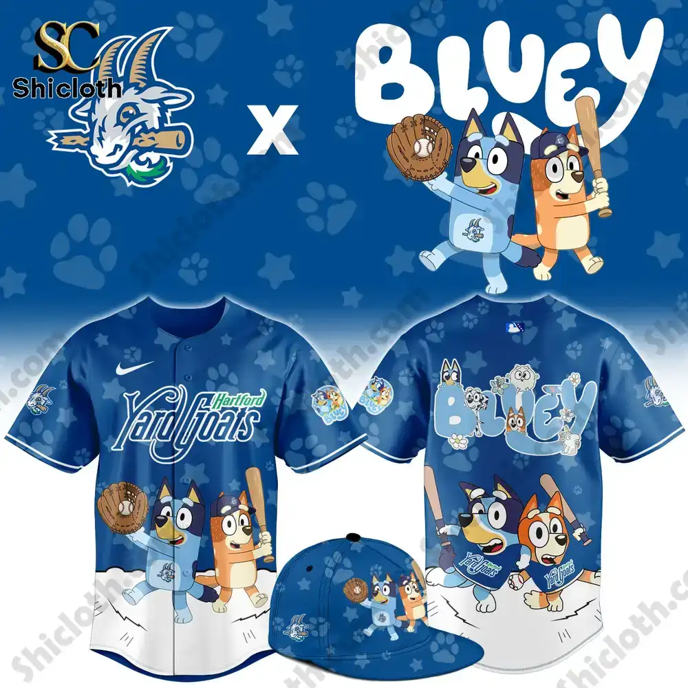 Blue baseball jersey with cartoon dogs and team logo design!
