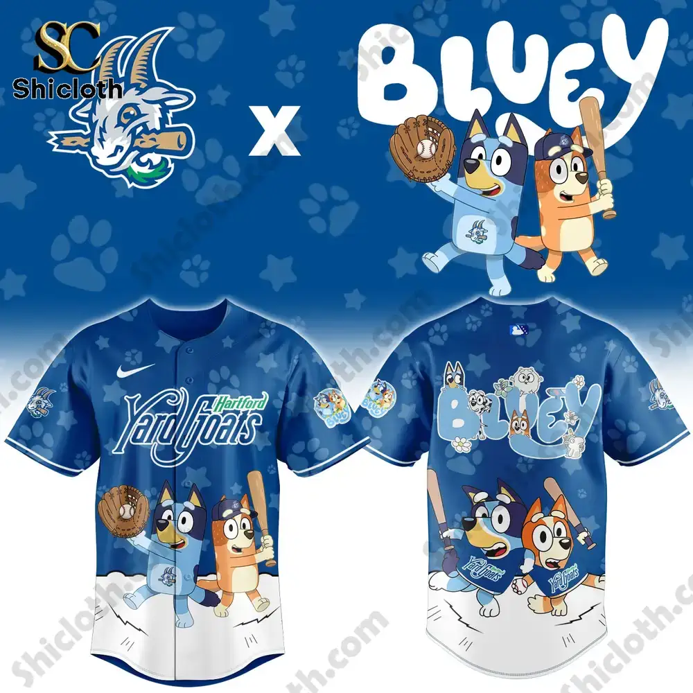 Hartford Yard Goats Bluey Night Game Limited Jersey 3 Front and back blue baseball jersey with matching cap!