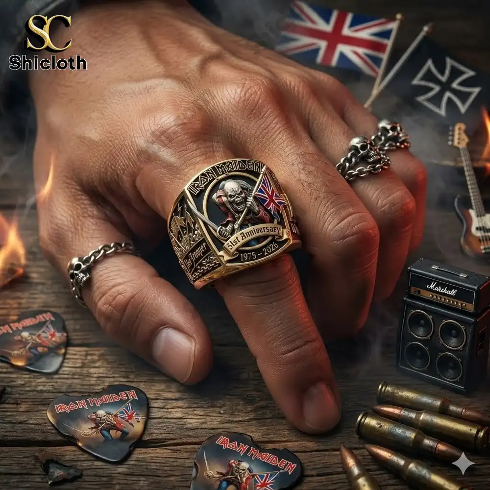 Hand wearing a detailed iron maiden anniversary metal ring