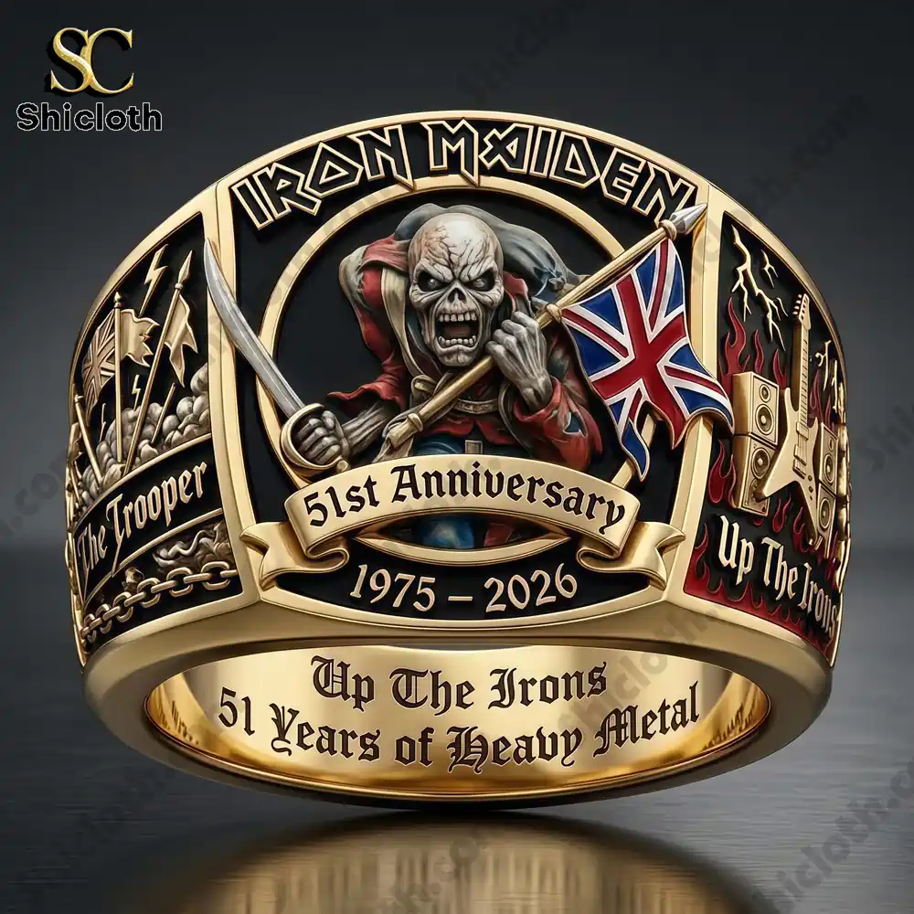 Close view of iron maiden skull anniversary ring with flag detail
