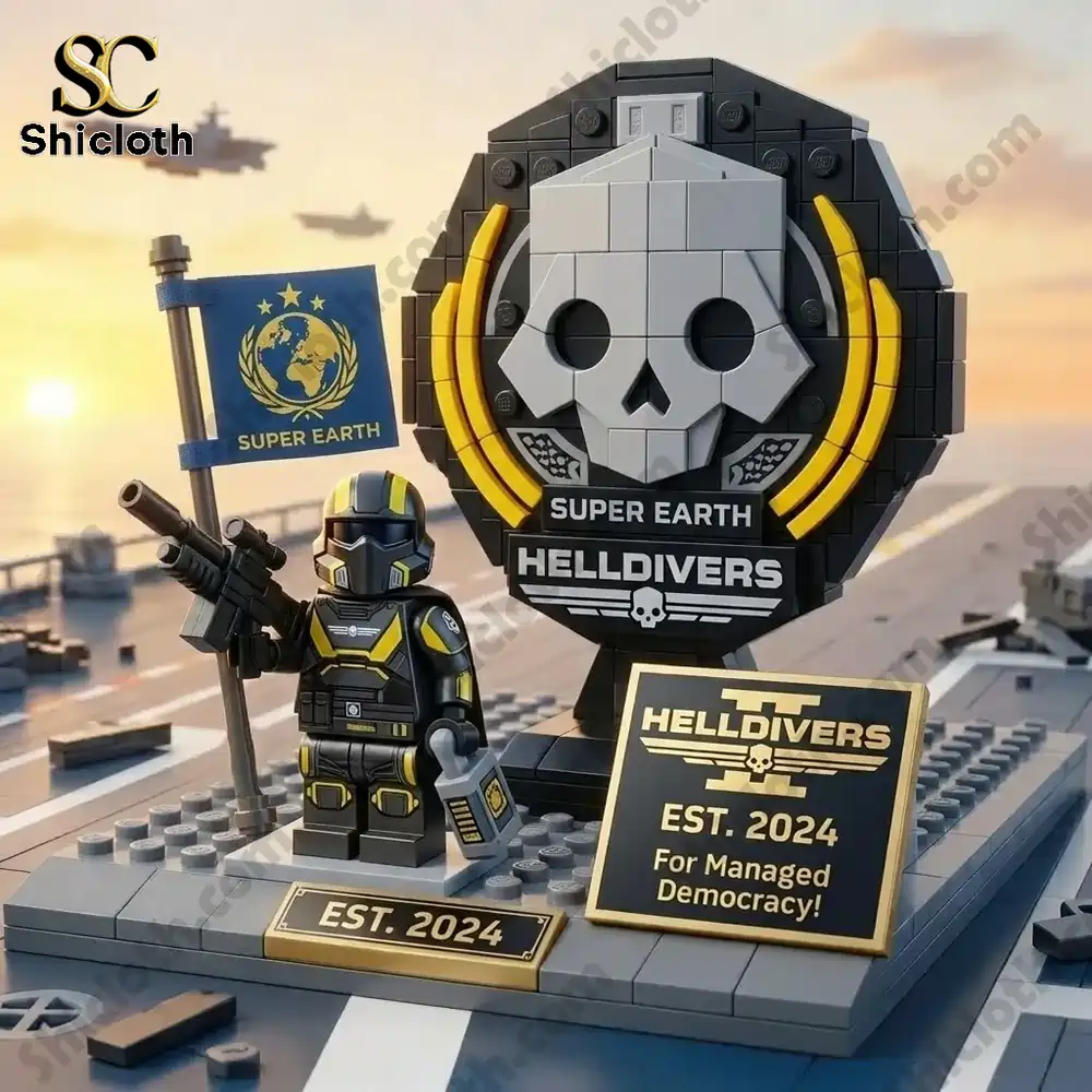 Close up Helldivers brick emblem and soldier with Super Earth flag!
