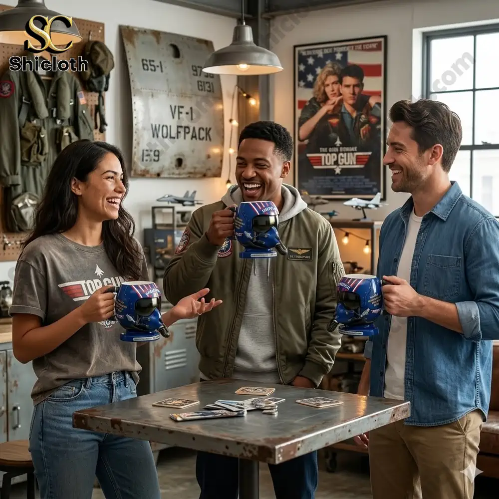 Friends holding Maverick helmet mug in aviation themed room!