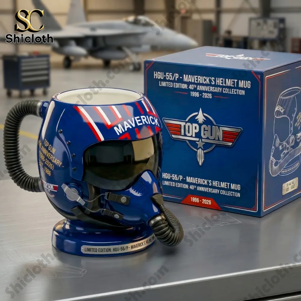 Close view of Maverick helmet mug with aviation themed product box!
