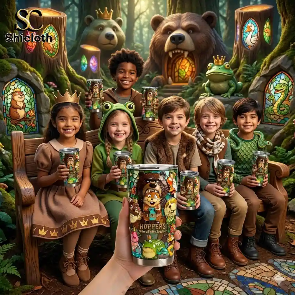 Children holding colorful Hoppers tumbler in fantasy forest