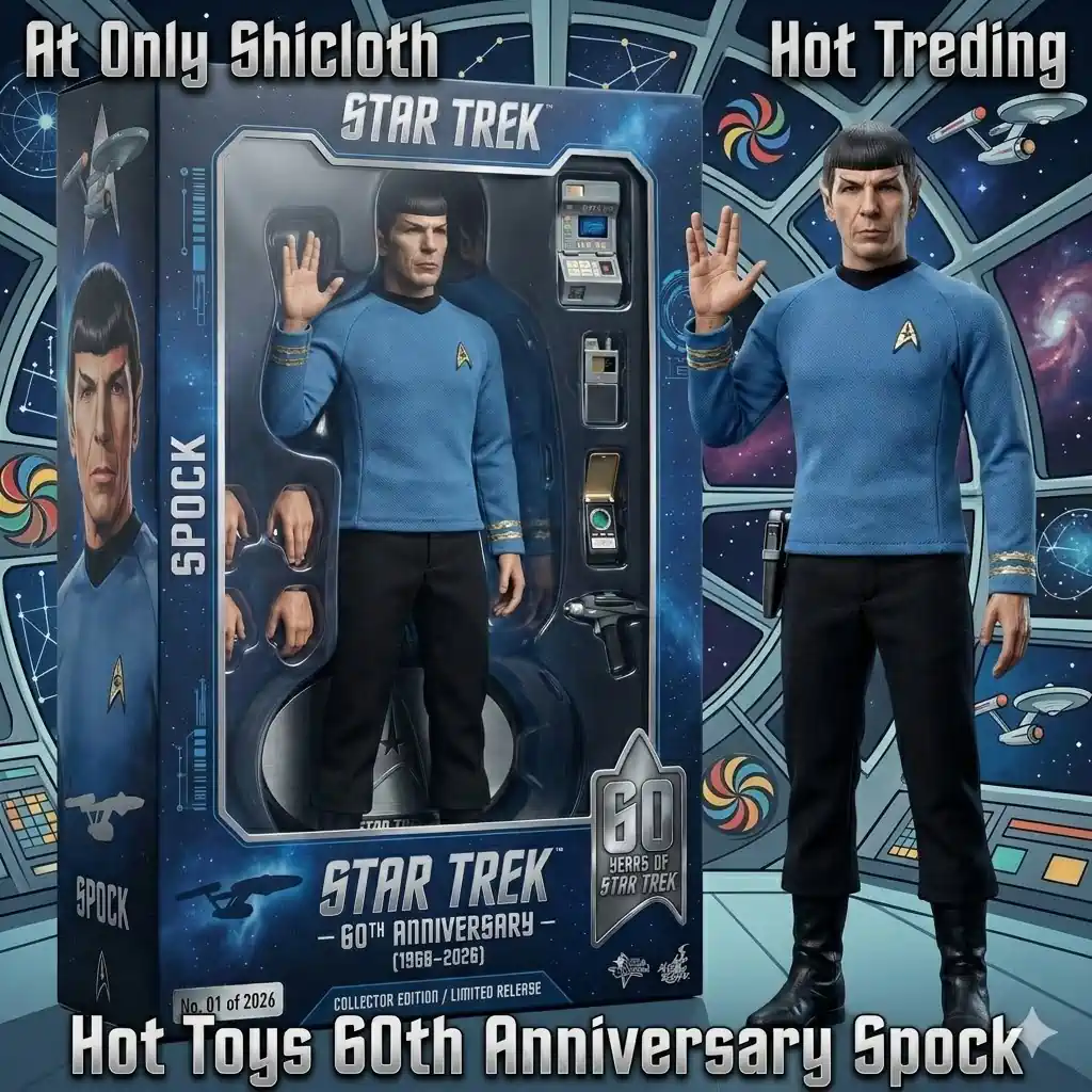 Spock figure with Star Trek box against space themed background
