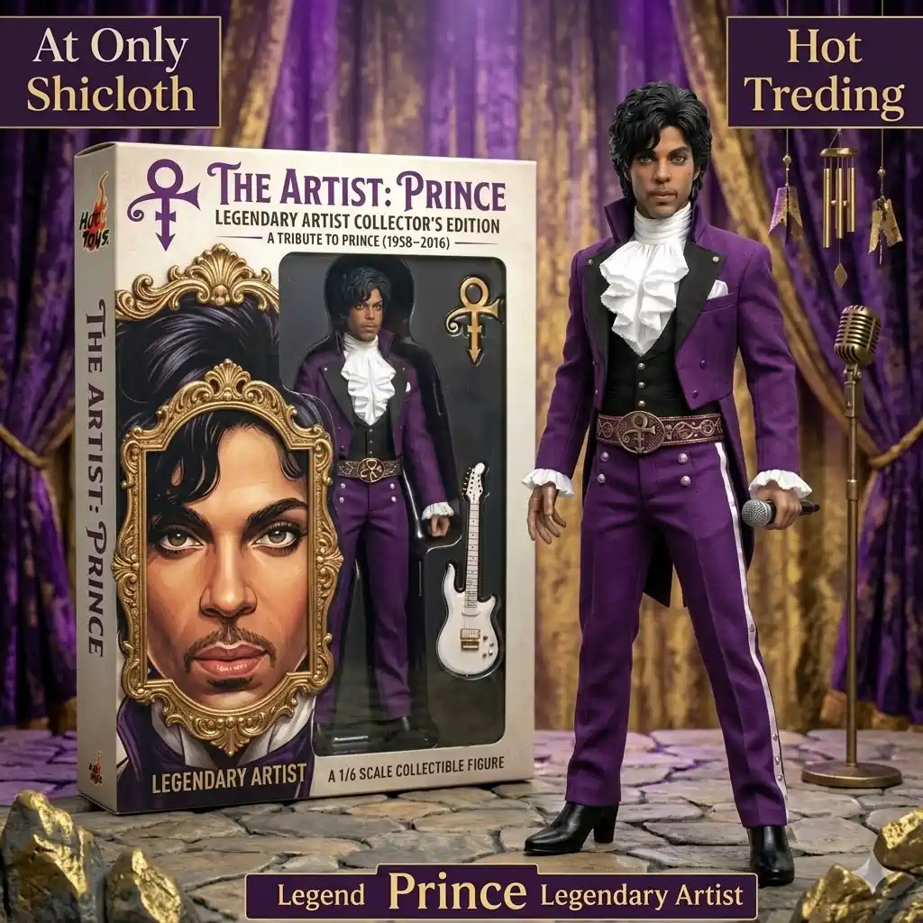 purple outfit musician figure with stage background and collectible box
