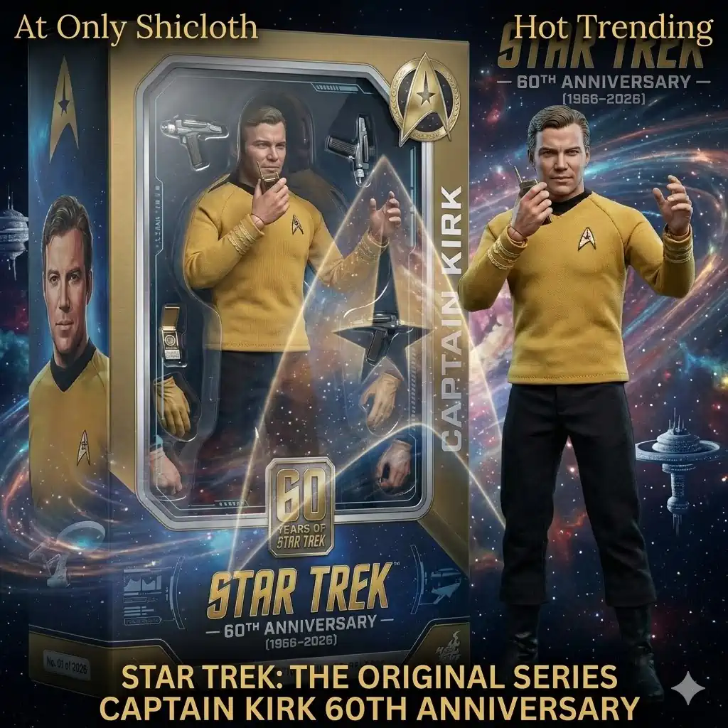 Captain Kirk figure with space background and Star Trek anniversary theme