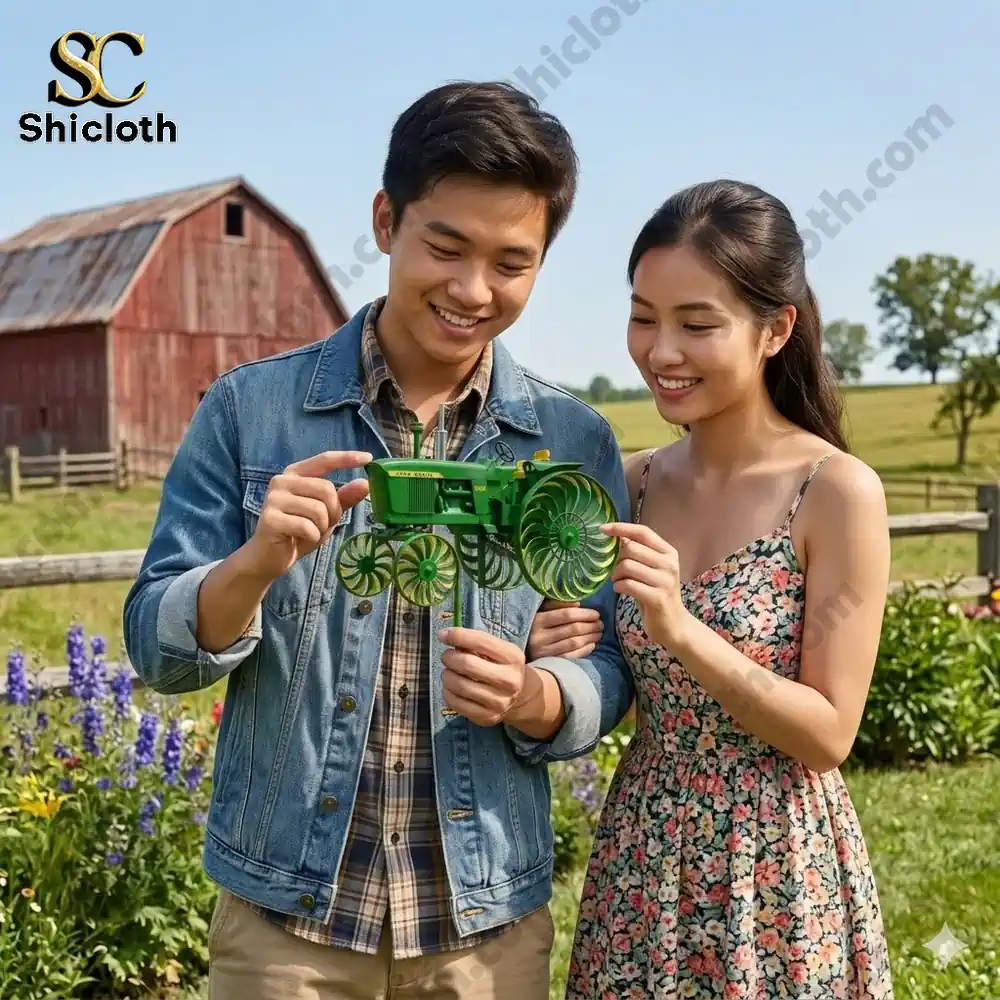 Couple holding green tractor wind spinner in garden setting.