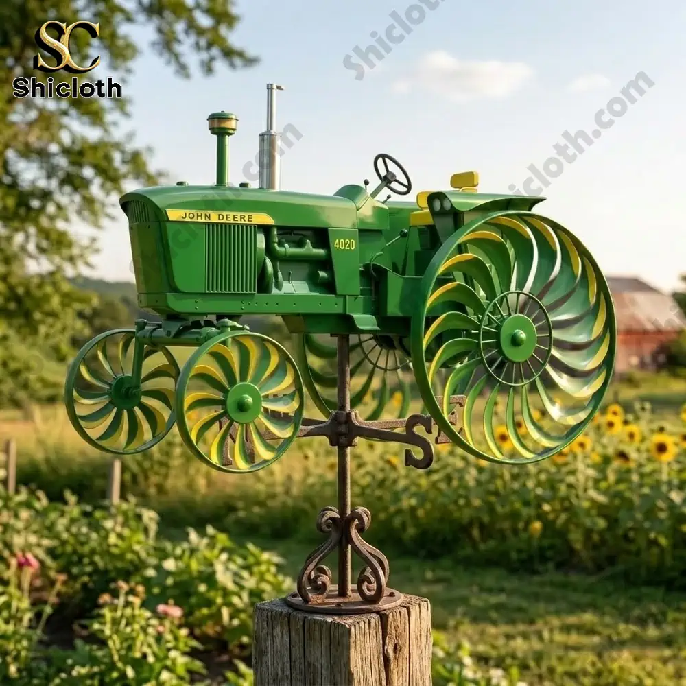Green tractor wind spinner mounted on wooden post in garden.