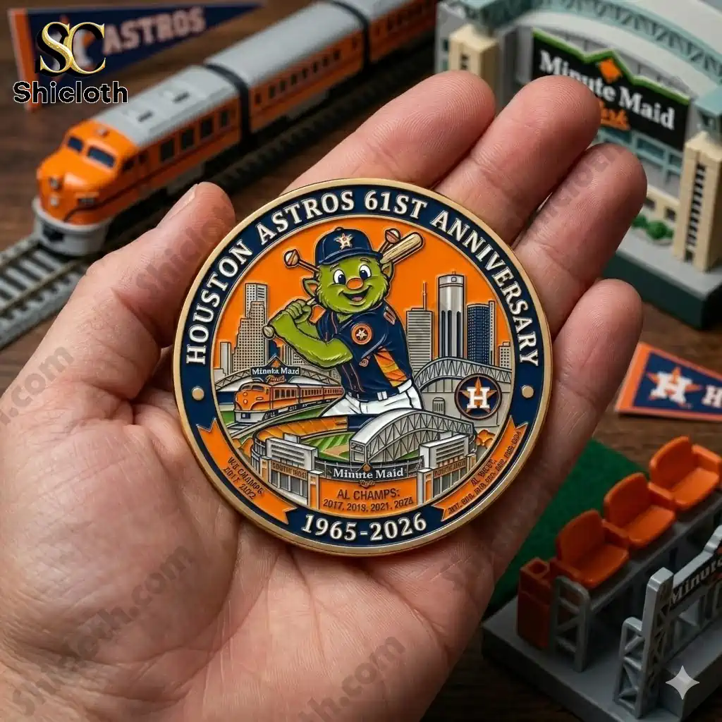 Hand holding Houston Astros anniversary coin with mascot and city background by Shicloth!