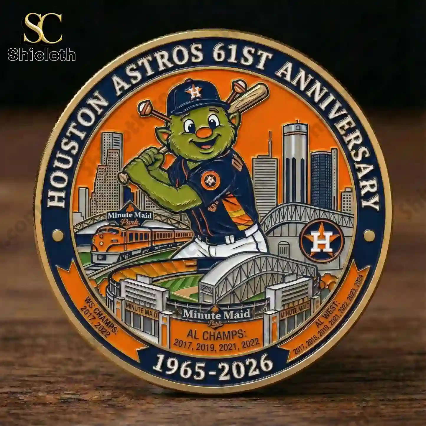Close view of Houston Astros anniversary commemorative coin with mascot stadium and city design by Shicloth!