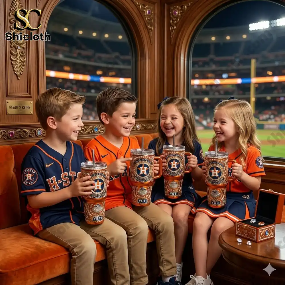kids holding houston astros tumbler at stadium