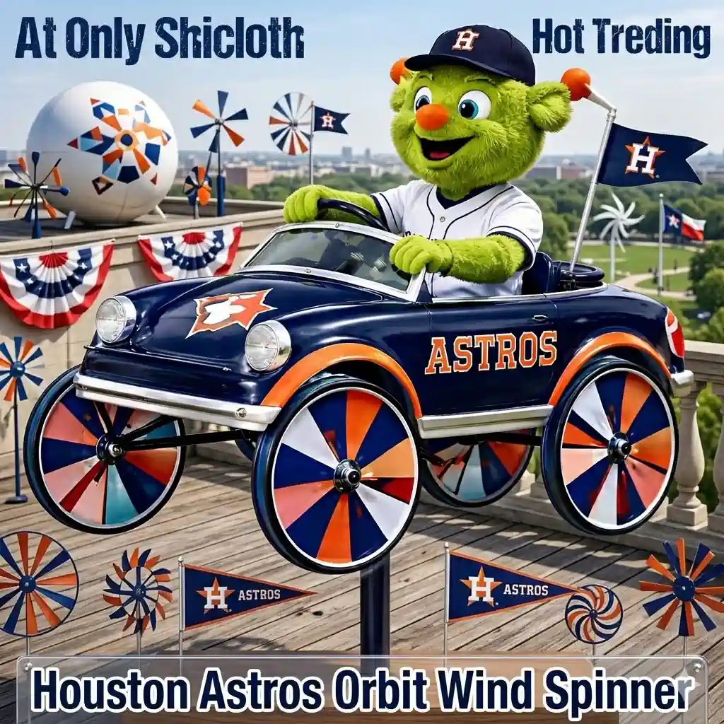 Astros mascot wind spinner car displayed on balcony with city view
