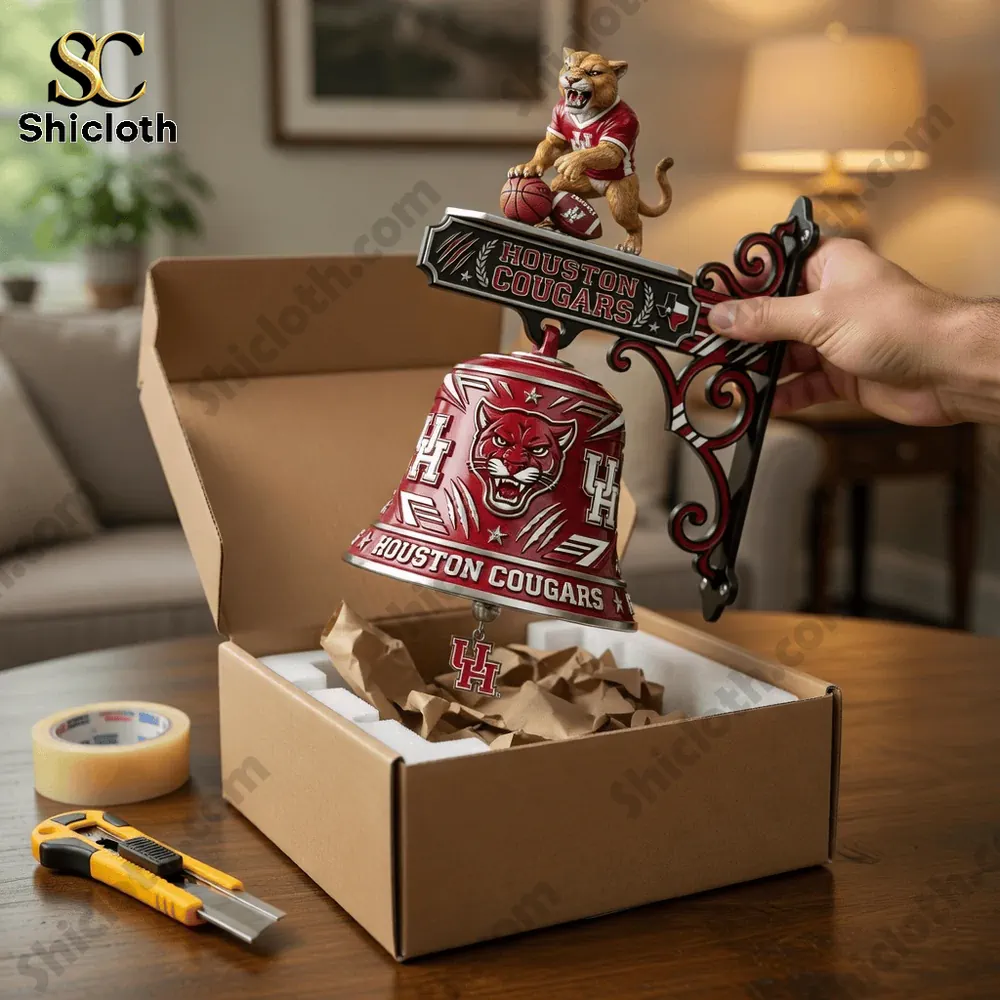 Unboxing Houston Cougars wall bell from a box on a table