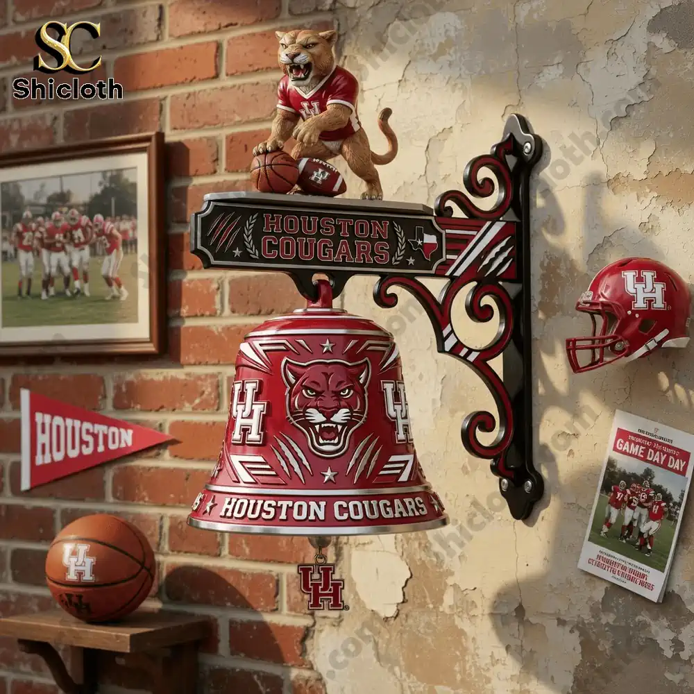 Houston Cougars Commemorative Wall Bell Doorbell 4 Houston Cougars wall bell mounted on a brick wall with sports decor