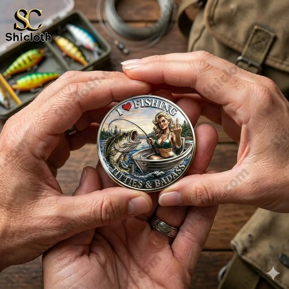 hands holding fishing coin with woman in boat catching fish and showing attitude!