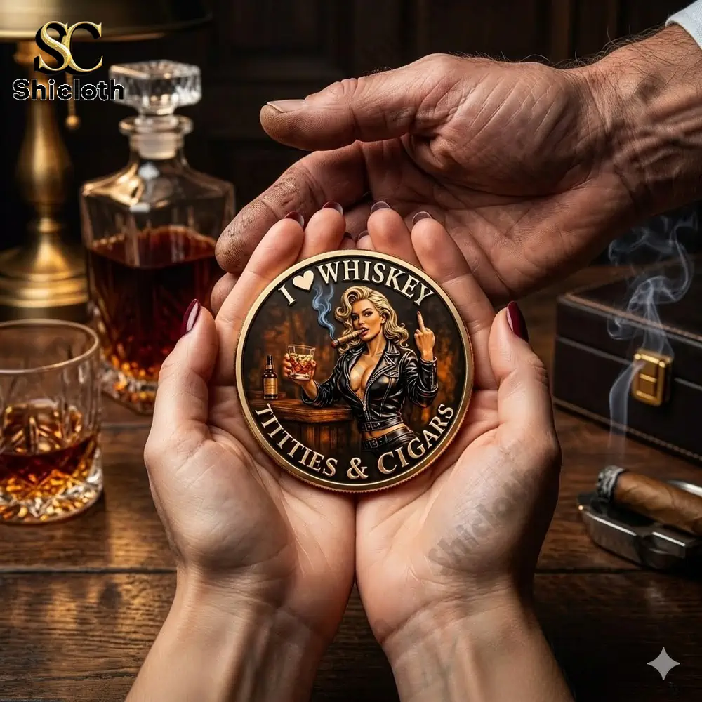 Whiskey cigars themed coin with woman design held in hands Shicloth!