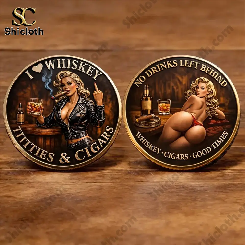 Front and back view of whiskey cigars themed coin with woman artwork Shicloth!