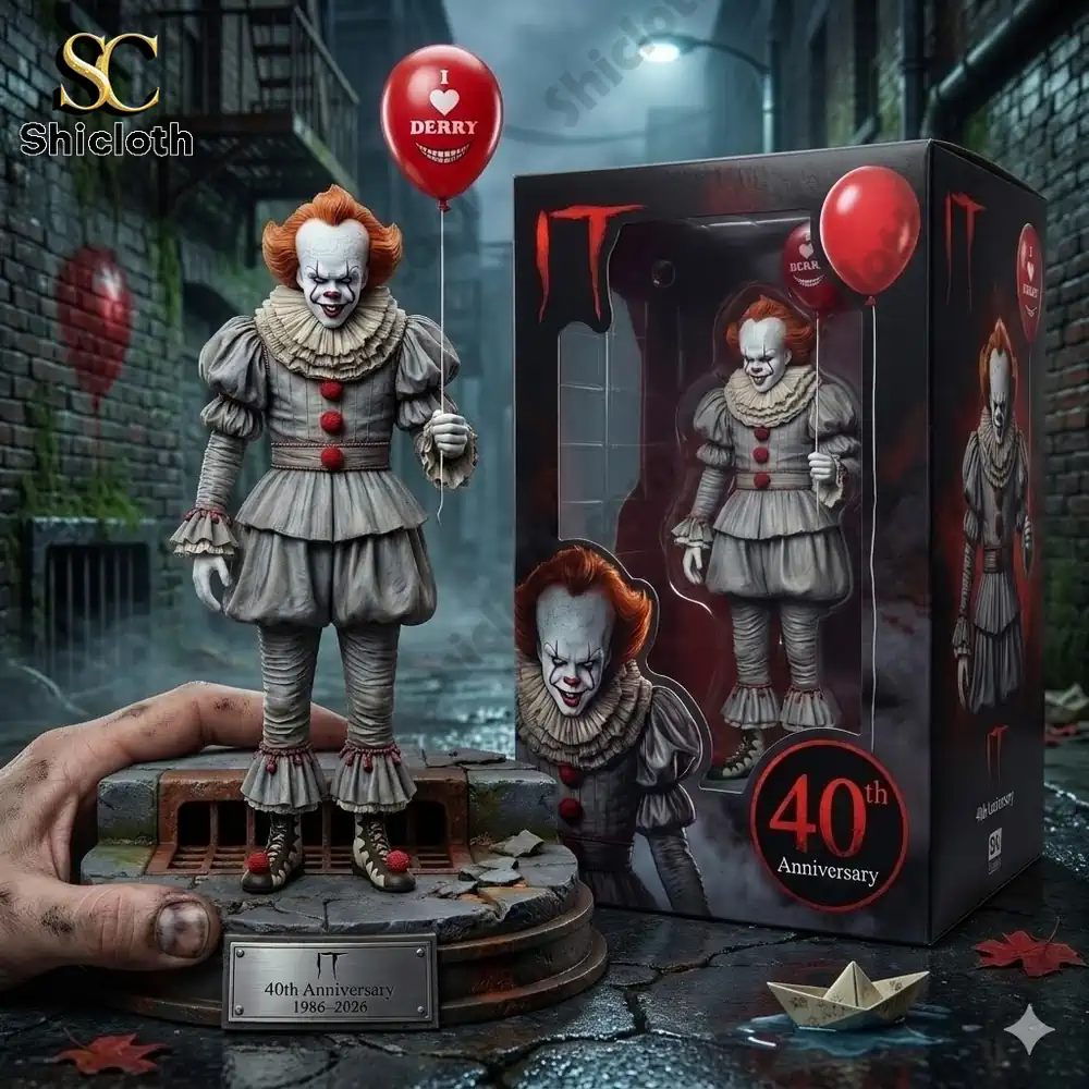 pennywise clown anniversary collectible figure with red balloon beside shicloth product box in dark alley scene!
