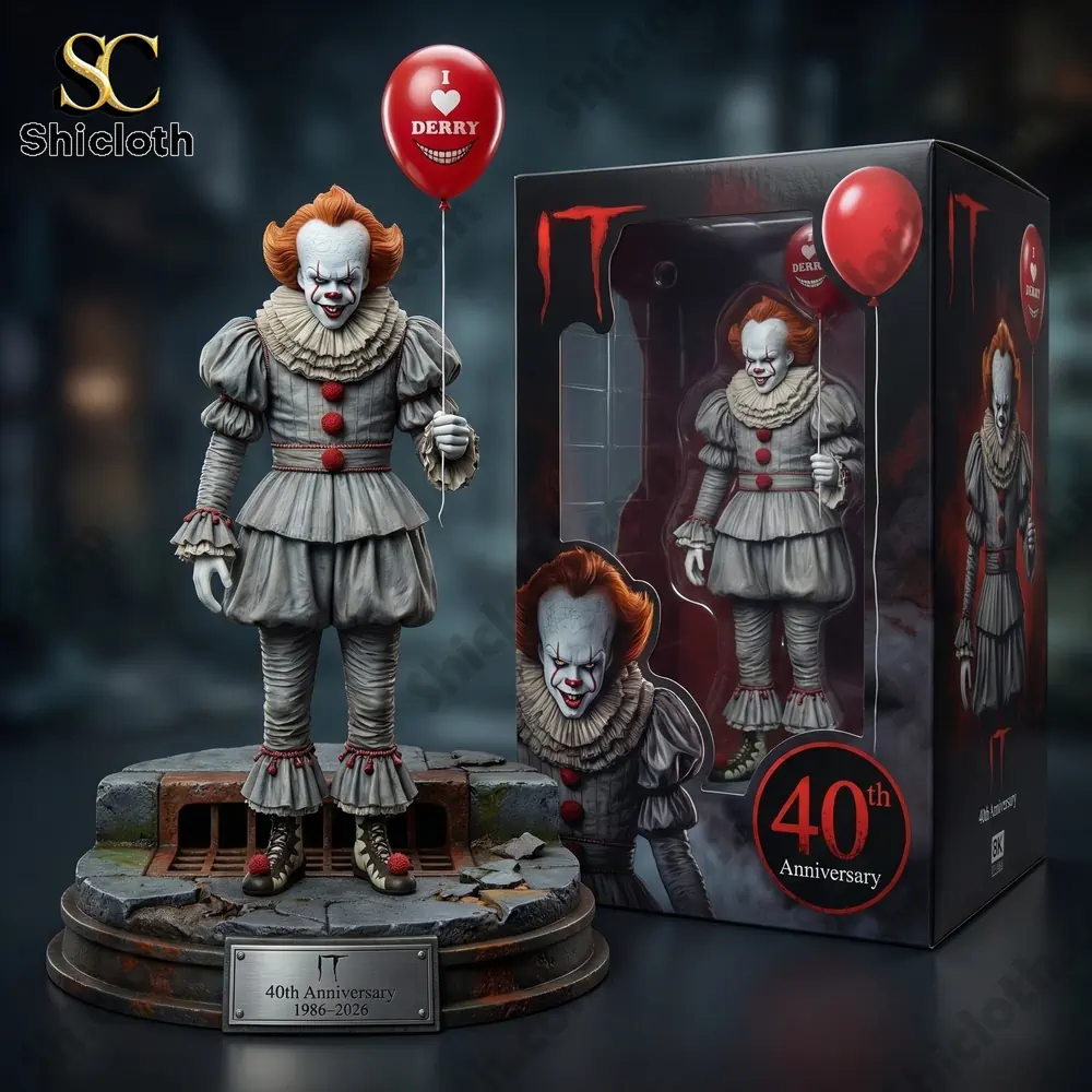 pennywise clown anniversary collectible figure with red balloon displayed beside shicloth product box!