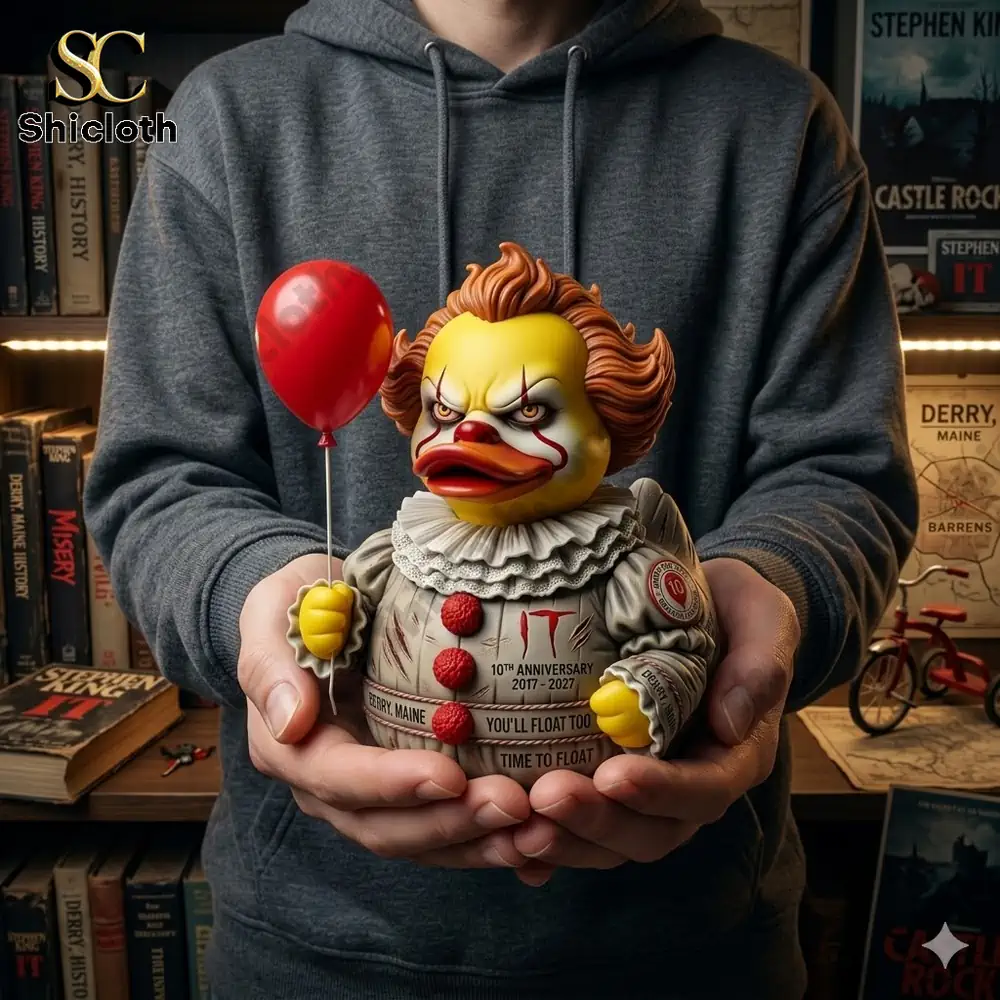 Person holding clown duck figure with red balloon!