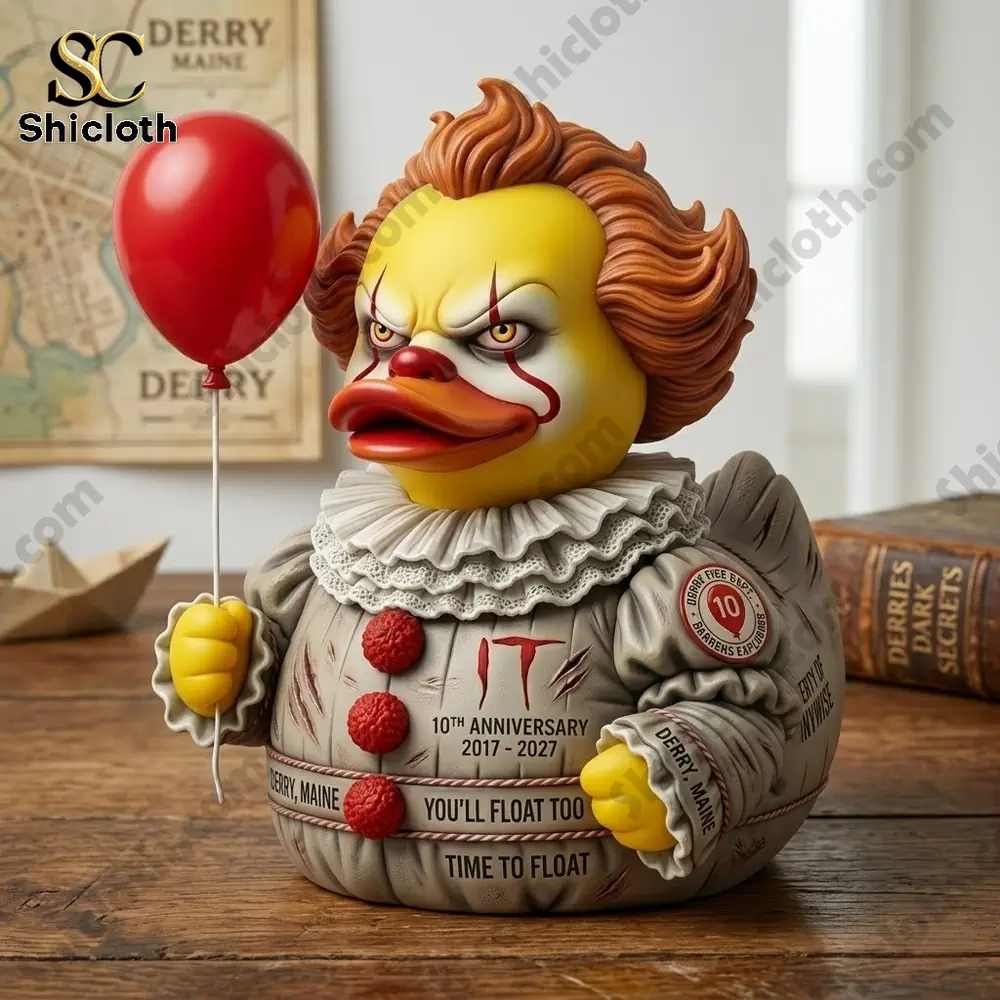 Close up clown duck figure with red balloon on table!