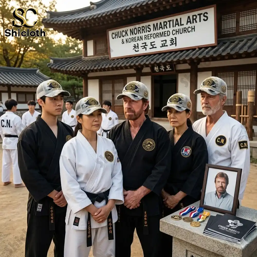 martial arts group honoring chuck norris at traditional dojo