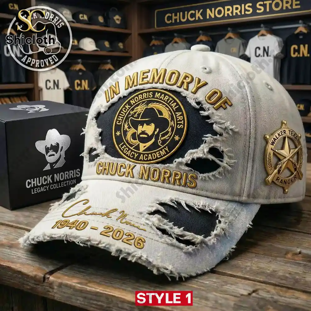 distressed cap with chuck norris memorial embroidery in store display