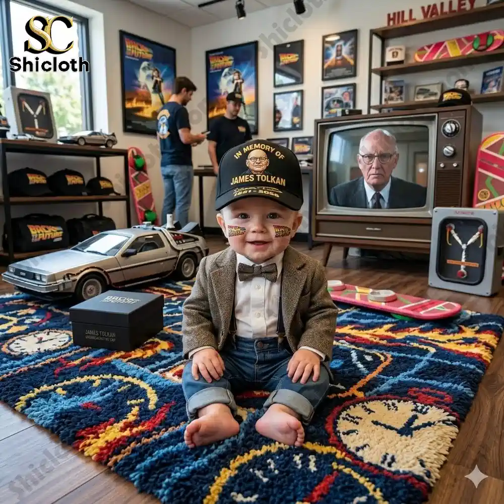 Baby wearing James Tolkan tribute cap in Back to the Future themed room!