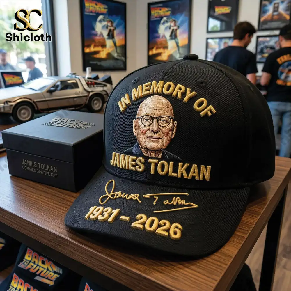 Close up of James Tolkan tribute cap on display table with movie themed background!