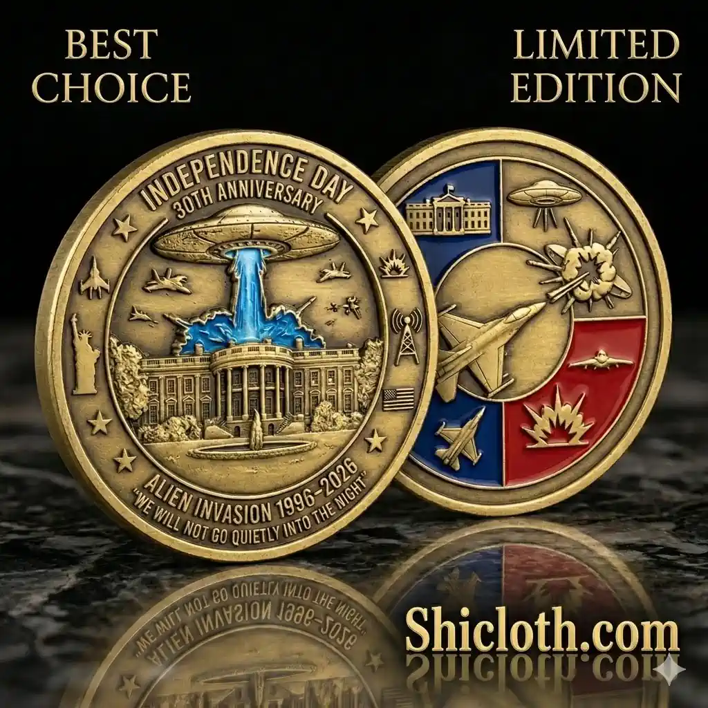 Alien invasion independence day commemorative coin with spaceship above white house and shop name shicloth!